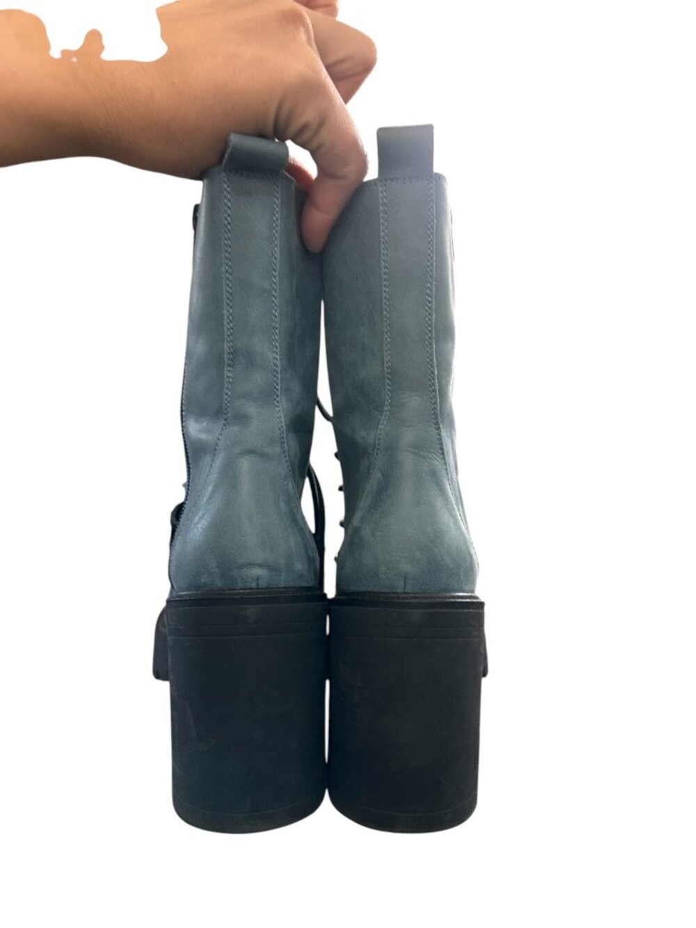 Free People Leather Dylan Lace Up Boots 39 8.5 Blue Block Chunky Witchy Grunge - Picture 9 of 14